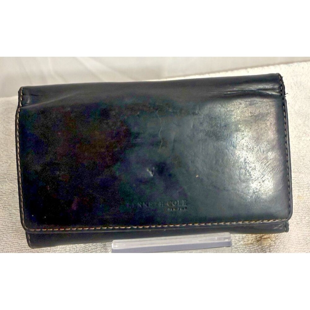 Kenneth Cole Genuine Leather Black W/white Stitching Tri-Fold Wallet  6X3.5x1